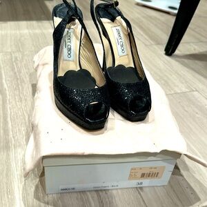 Jimmy Clue black glitter platform heels